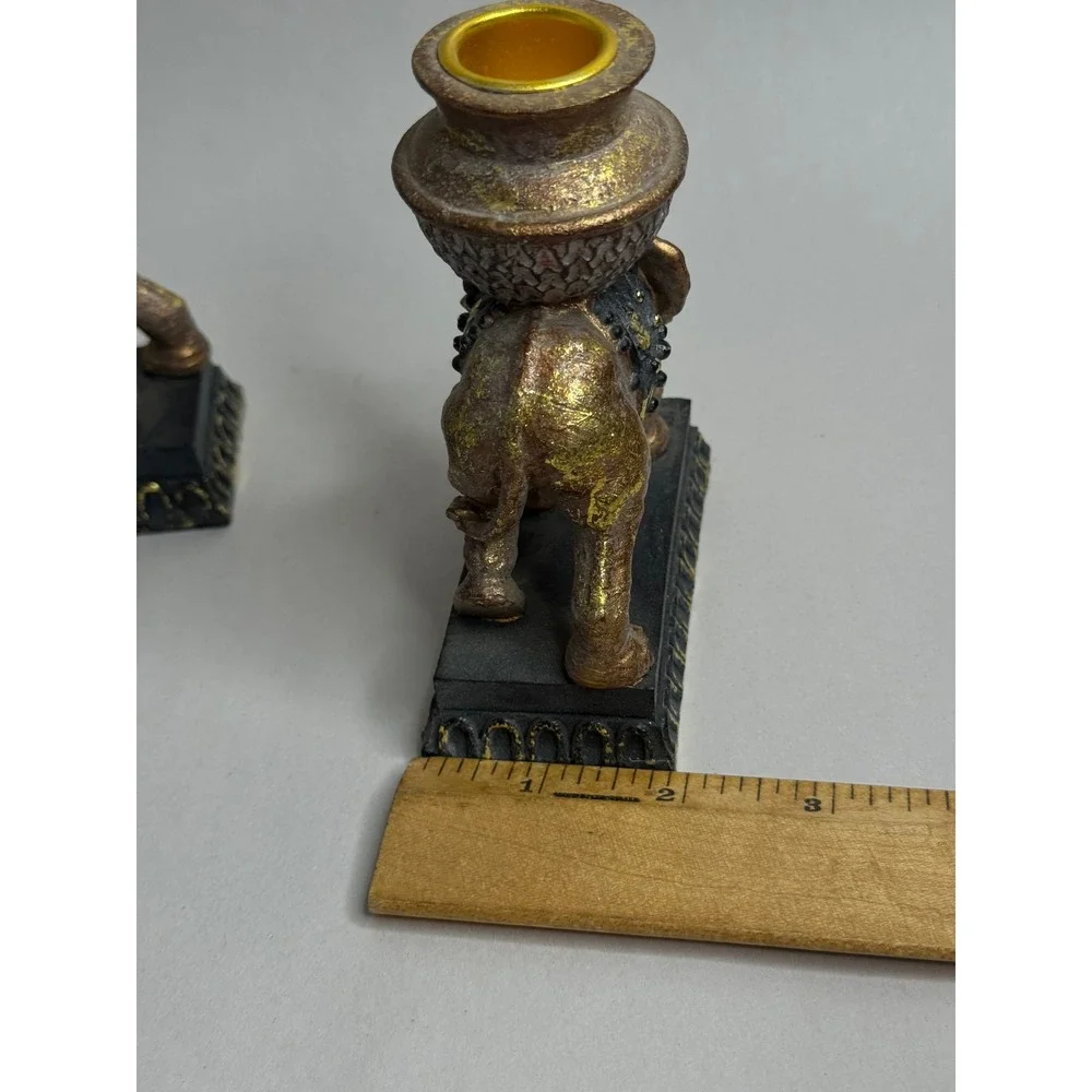 Vintage Elephant Candlestick Holders Pair Ornate Gold Black‎ Resin